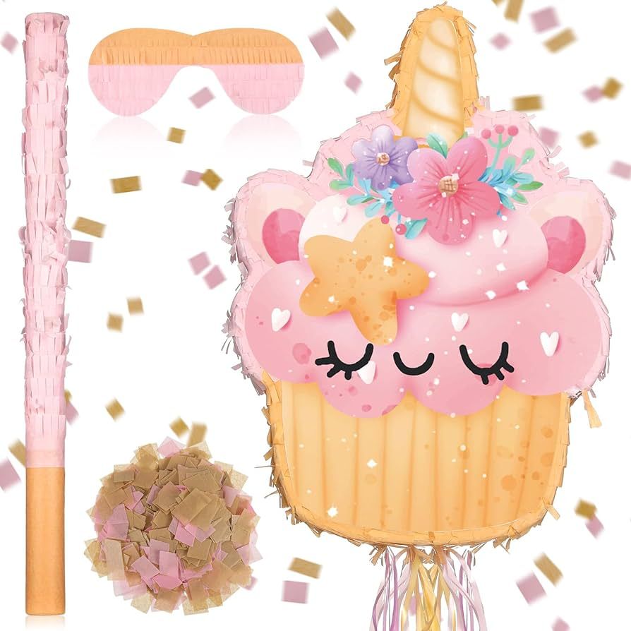 Unicorn Small Pinata with Pinata Stick Blindfold and Confetti Cupcake Pinata for Birthday Anniver... | Amazon (US)