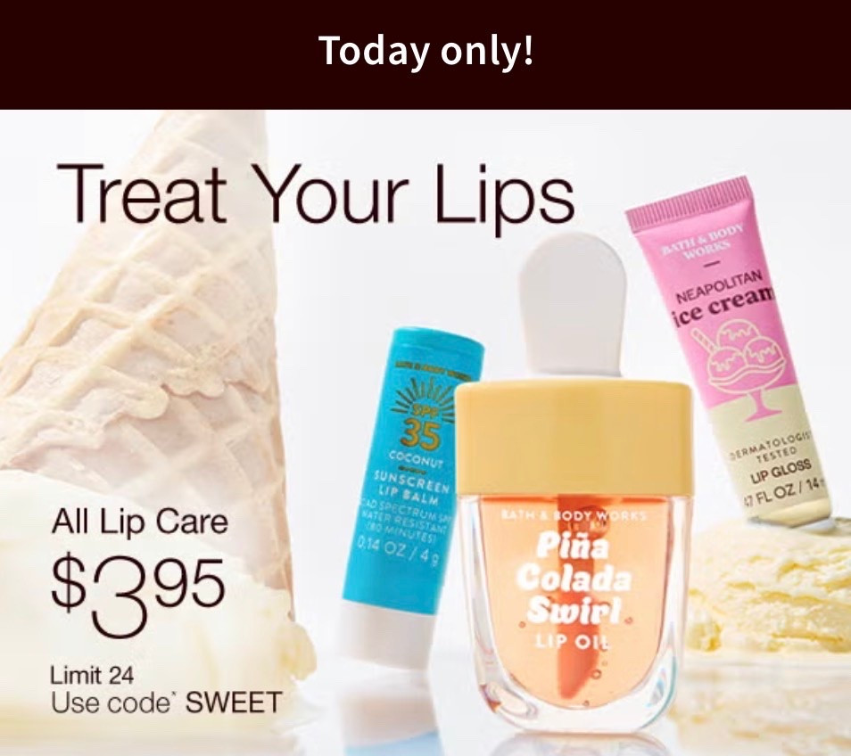 Bath & Body Works has their lineup of lip products on sale for only $3.95 today! Tons of fantastic clean beauty lip items to choose from, including their SPF options - from balms to glosses to lip sleeping masks. I’ve become a huge fan of their lip line - I would give their lip sleeping mask an identical review to a very popular high end brand, and I love the seasonal B&BW options.

#LTKSaleAlert #LTKselfcare #LTKBeauty