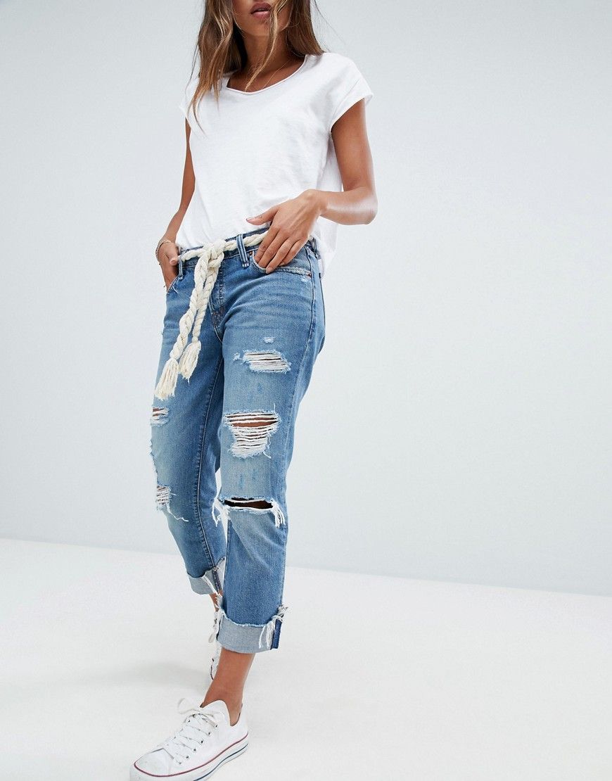 Abercrombie & Fitch high waisted ripped boyfriend jean - Blue | ASOS US