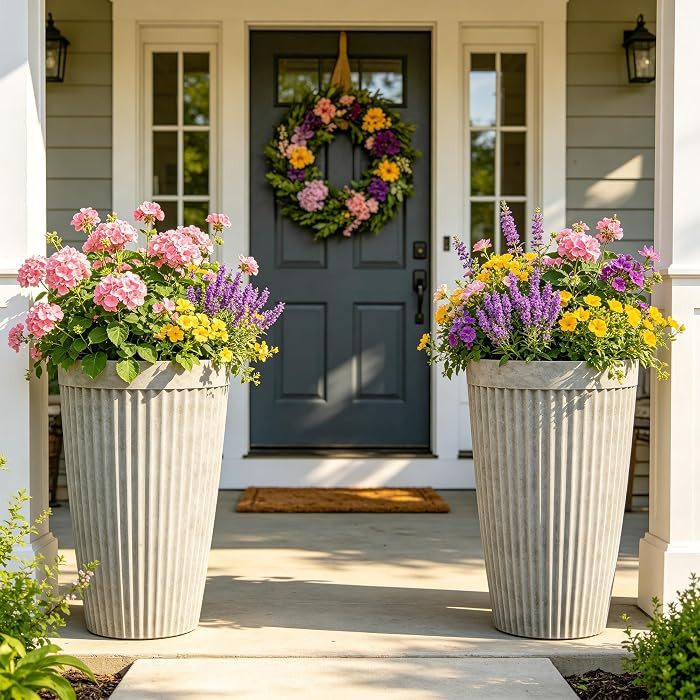 Autodaya 20" Tall Planters Set of 2, High-Density Resin Fluted Outdoor Pots for Plants, Versatile... | Amazon (US)