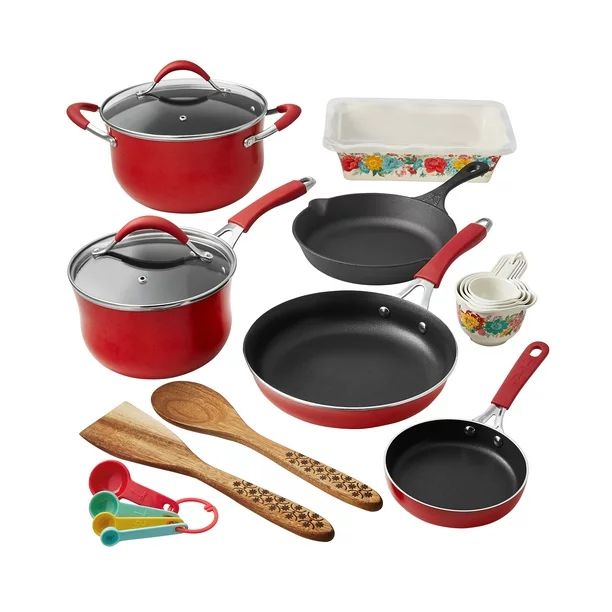 The Pioneer Woman Fancy Flourish Aluminum Nonstick 19-Piece Cookware Set, Red - Walmart.com | Walmart (US)