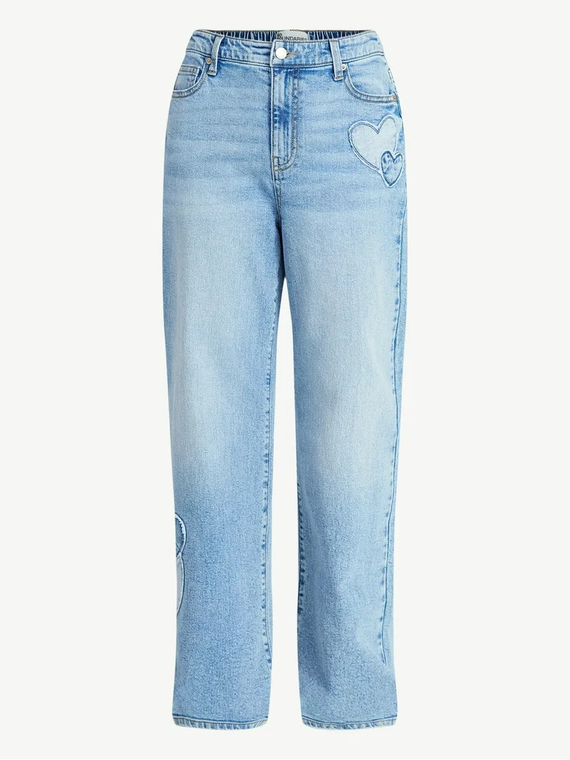 No Boundaries High Rise Baggy Wide Leg Jeans with Heart Patch, 32'' Inseam, Women’s and Women's... | Walmart (US)