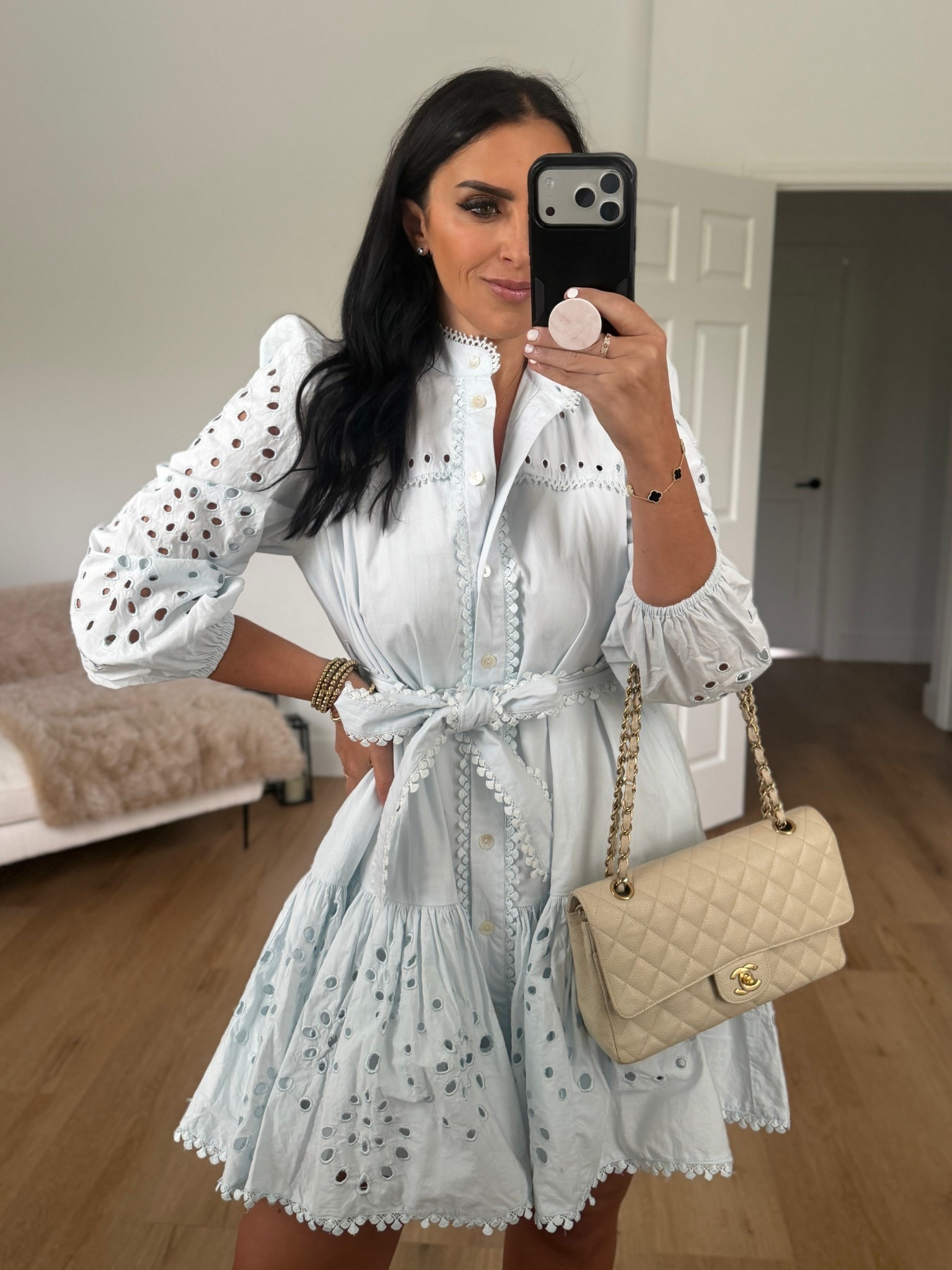 Avec Les Filles Eyelet Tie Belt Long Sleeve Mini Shirtdress (Ice Blue) wearing size 6 but could have done a 4 also