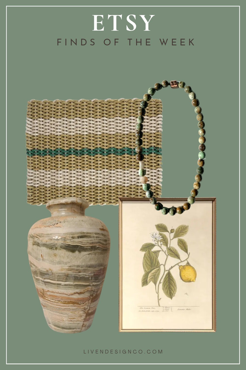 Etsy finds. Home decor. Marble vase. Woven rope doormat. Welcome mat. Beaded necklace. Fruit art print. Kitchen decor 

#LTKSeasonal #LTKSaleAlert #LTKHome