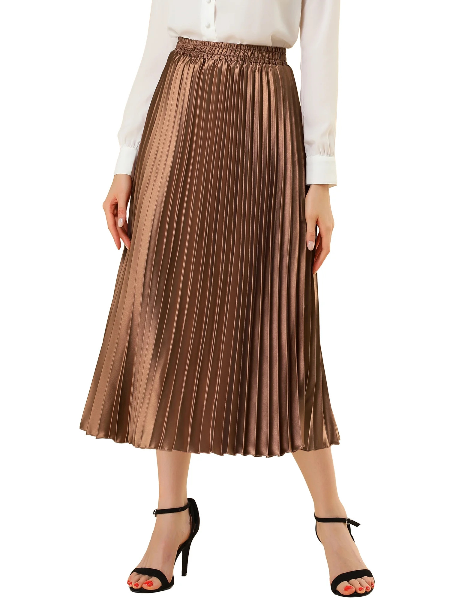 Allegra K Juniors Elastic Waist Metallic Shiny Accordion Pleated Midi Skirt | Walmart (US)