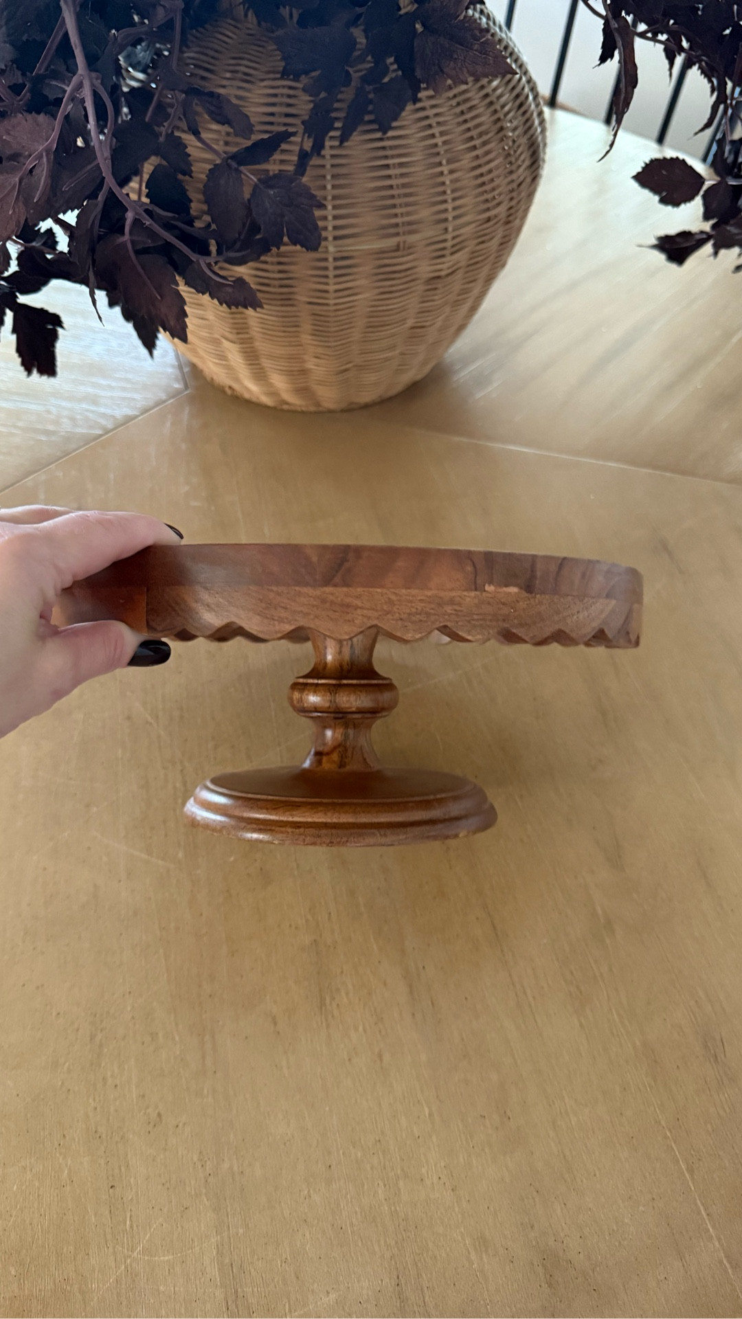 Beautiful wood cake stand
Scallop edge detail 
Pedestal base 
Made of acacia wood 

#LTKFindsUnder50 #LTKHome #LTKStyleTip