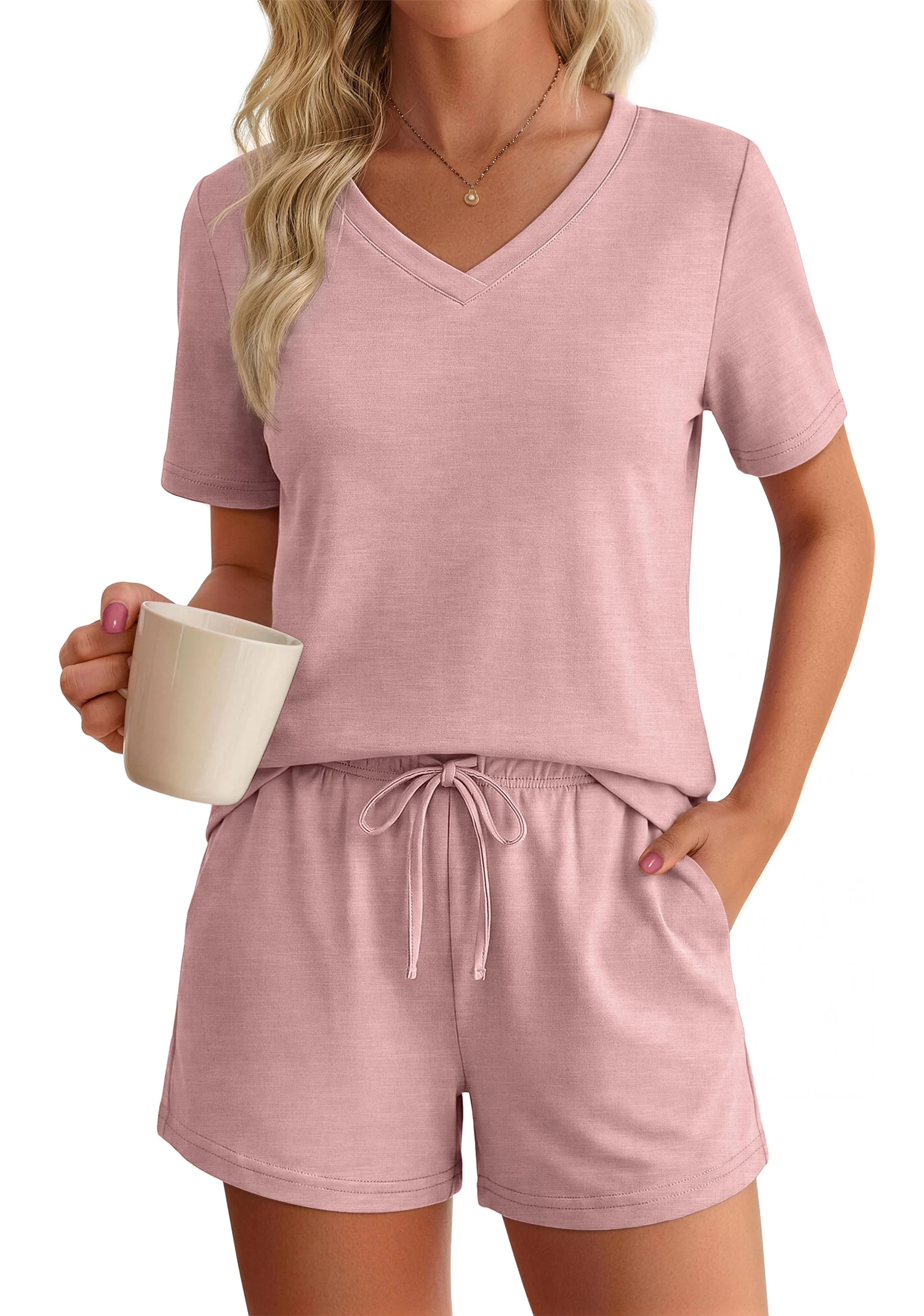 Sundazz Lounge Sets for Women Summer 2 Piece Outfits V Neck Shirts and Shorts Sets Casual Matchin... | Walmart (US)