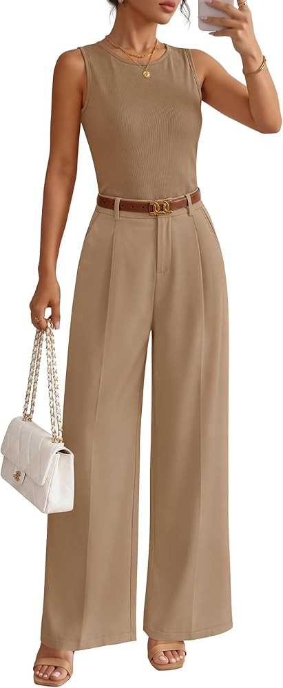 ZESICA Women's Summer 2 Piece Outfits Knit Tops Suit Pants Matching Lounge Vacation Set Dressy Bu... | Amazon (US)