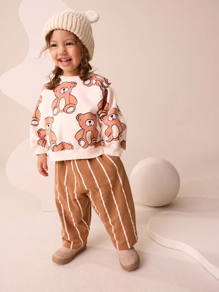 Brown Neutral Teddy Bear Sweatshirt and Barrel Leg Joggers Set (3mths-7yrs) | Next US