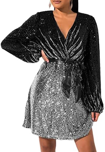 828 - Plus Size Long Sleeves Wrapped V Neck Sequins Skater Style Cocktail Evening Club Dress | Amazon (US)