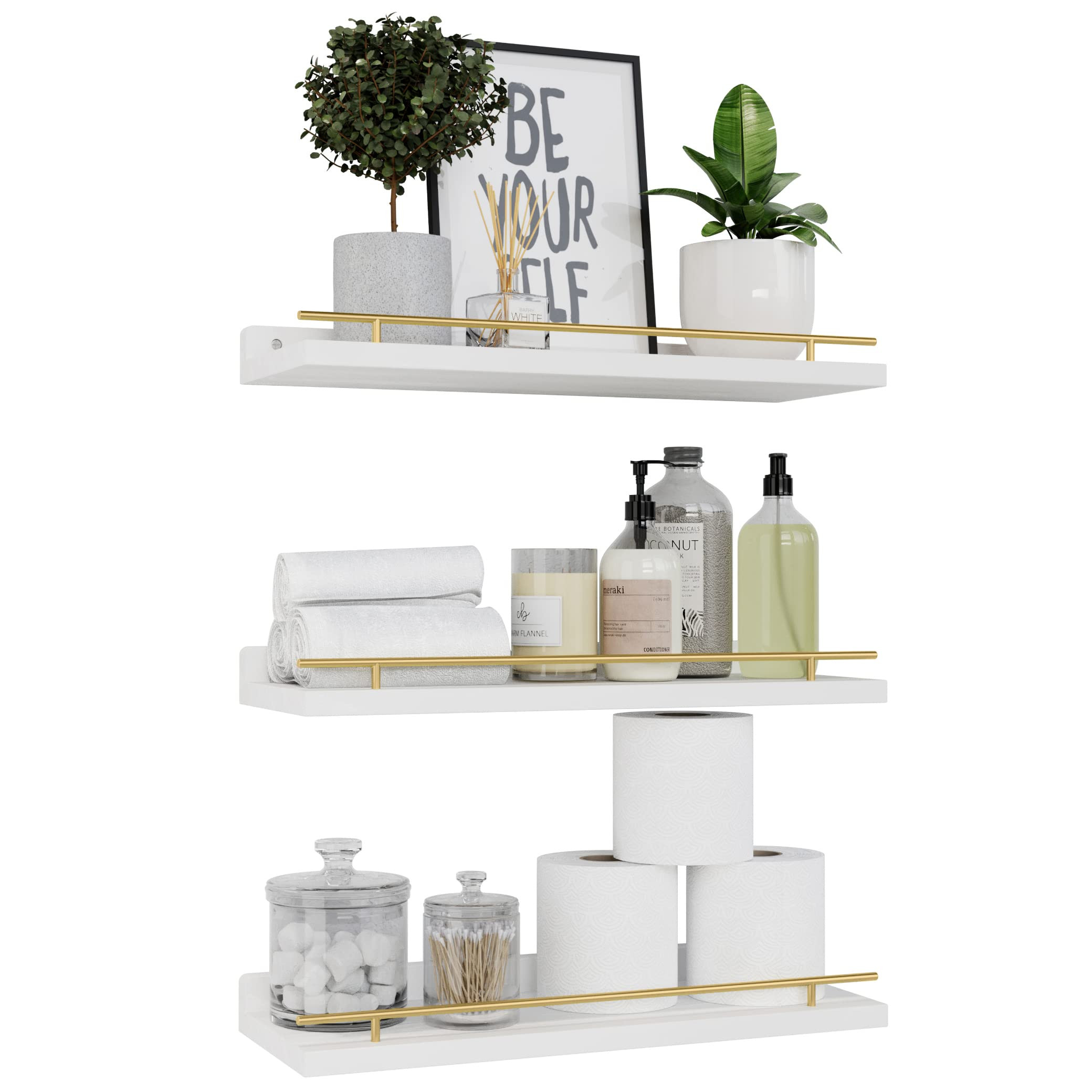 WOPITUES Floating Shelves with Gold Metal Guardrail, Shelves for Wall Decor Set of 3, Wall Shelve... | Amazon (US)
