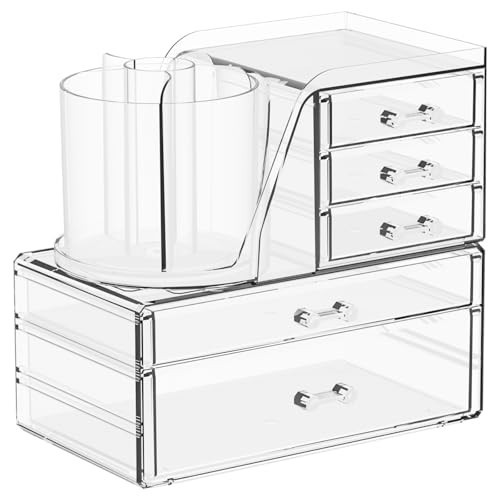 Clear Acrylic Makeup Organizers for Vanity,Countertop,3 Pack Make up Drawer Organizer With Makeup Brush Holder,Plastic Skincare Organizers for Hair Accessories,Beauty,Hair Products,Bathroom,Dresser | Amazon (US)