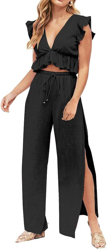 FANCYINN Womens 2 Pieces Outfits Deep V Neck Crop Top Side Slit Drawstring Wide Leg Pants Set Jum... | Amazon (US)