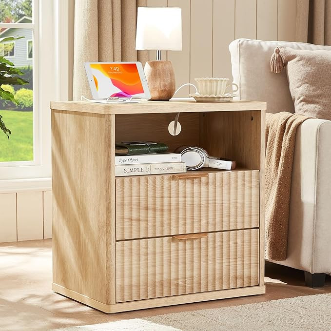 LEYAOYAO Fluted Nightstand with Charging Station, 23" Wide 2 Drawers End Table, Natural Night Sta... | Amazon (US)