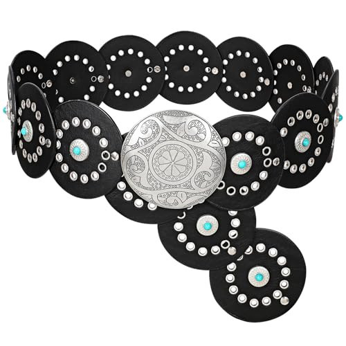XZQTIVE Western PU Leather Belts for Woman Concho Cowgirl Cowboy Disc Belt for Ladies Wide Boho Country Waist Belts for Dress, Silver buckle, Black, 105cm | Amazon (US)