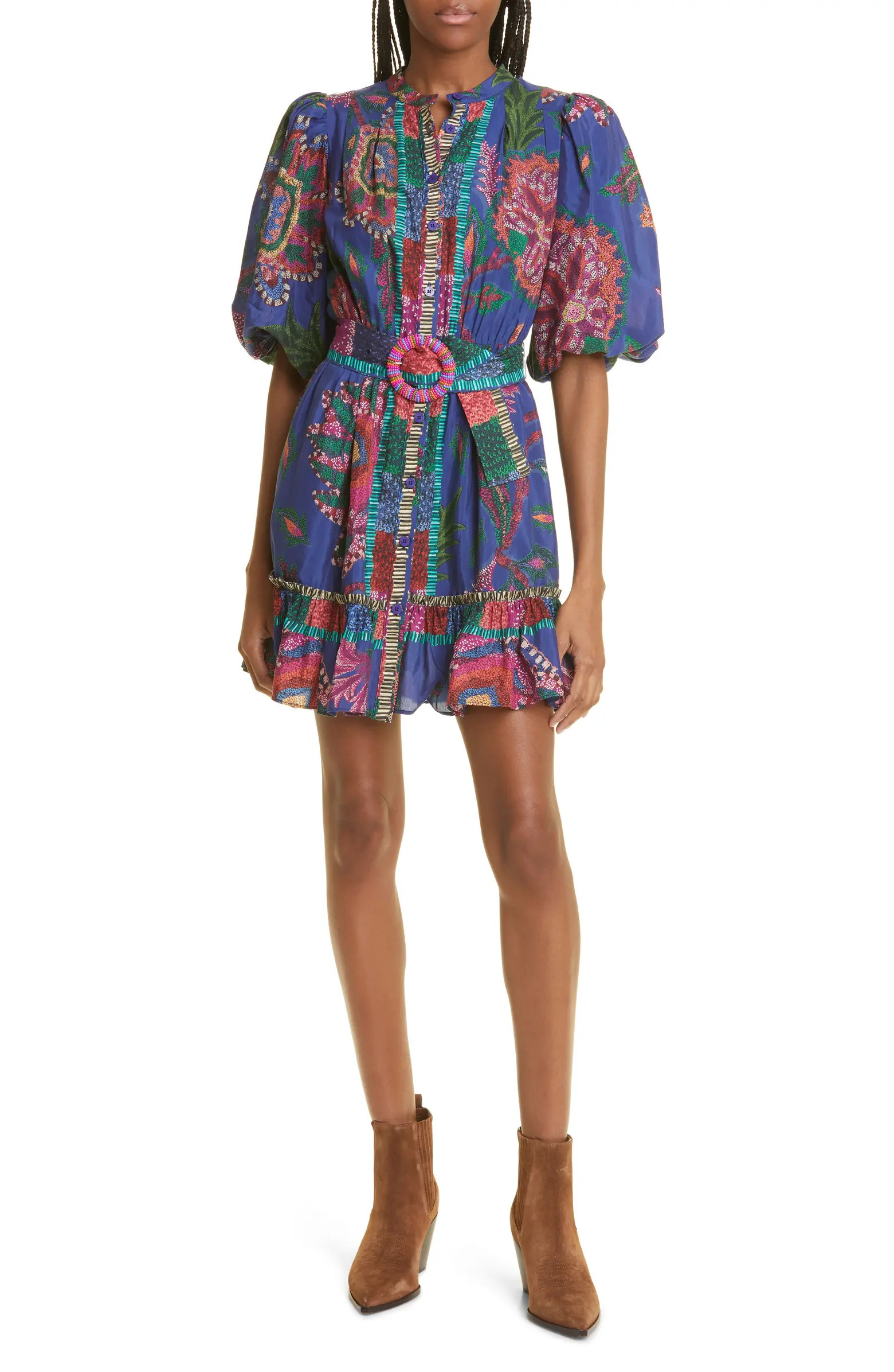 FARM Rio Sunset Tapestry Belted Cotton Blend Minidress | Nordstrom | Nordstrom
