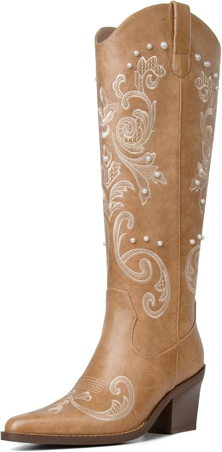Western Cowboy Boots for Women Knee High Cowgirl Boots with Classic Embroidered, Pointed Toe Chun... | Amazon (US)