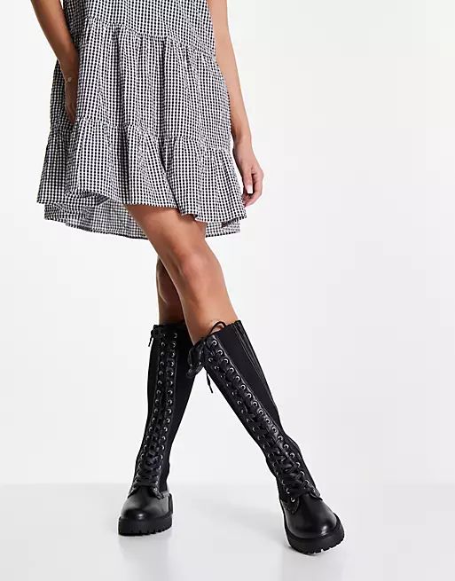 ASOS DESIGN Wide Fit Connect flat lace up knitted boots in black | ASOS (Global)