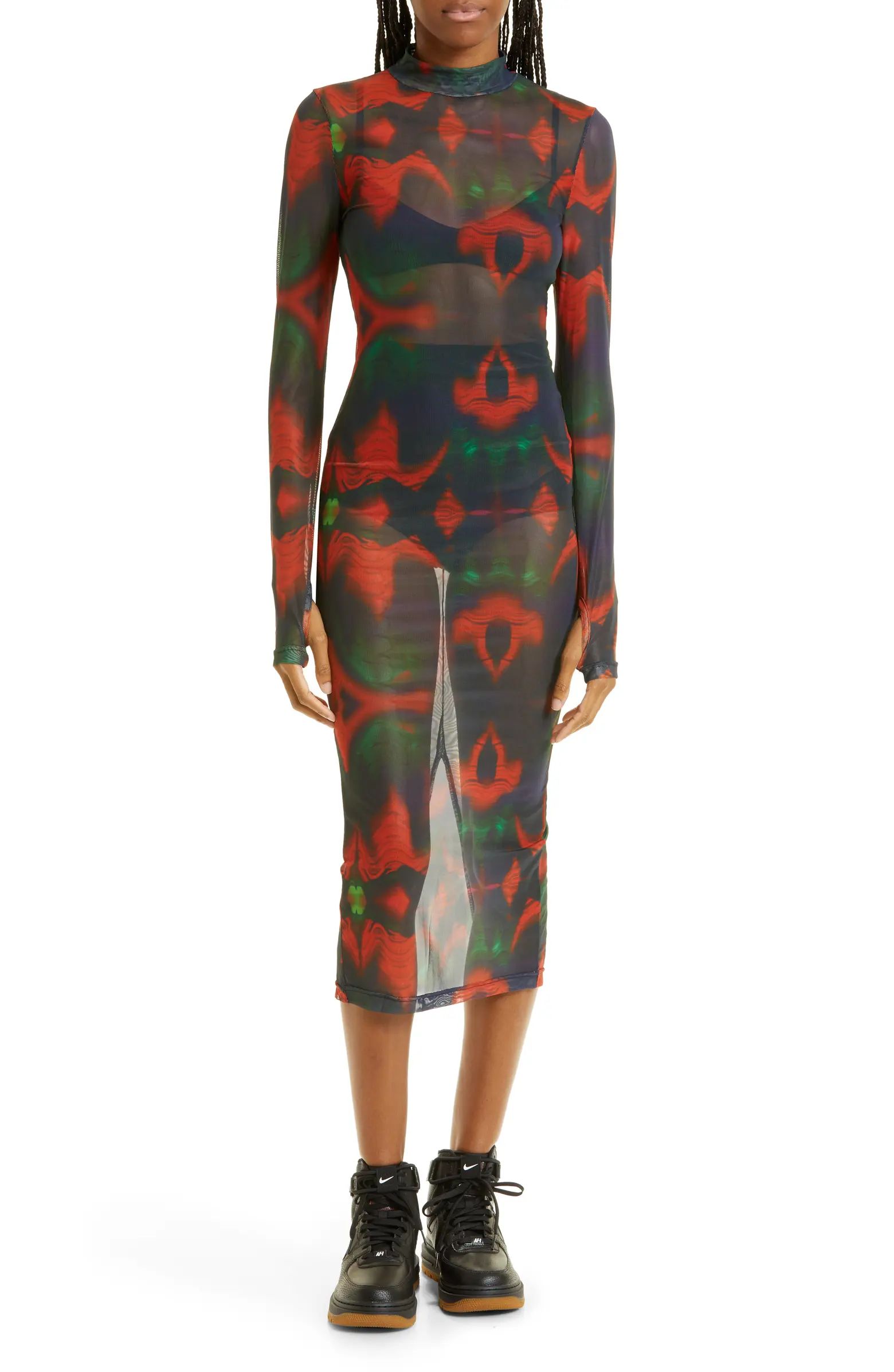 BY.DYLN Martina Print Long Sleeve Sheer Mesh Midi Dress | Nordstrom | Nordstrom