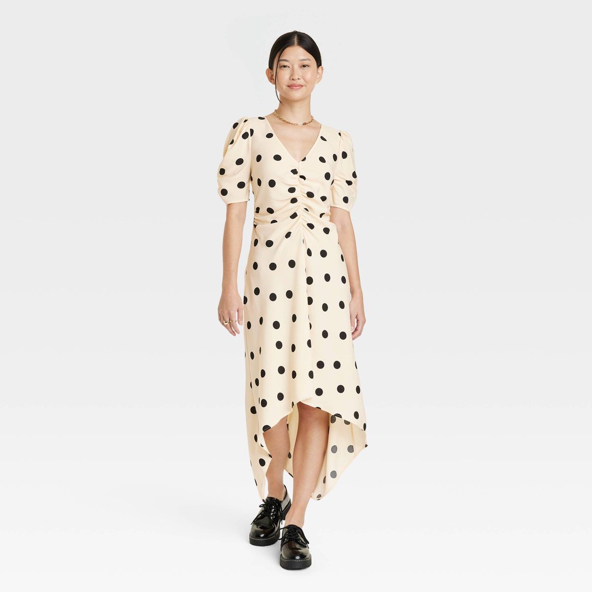 Women's Crepe Short Sleeve Midi Dress - A New Day™ Beige Polka Dots S | Target