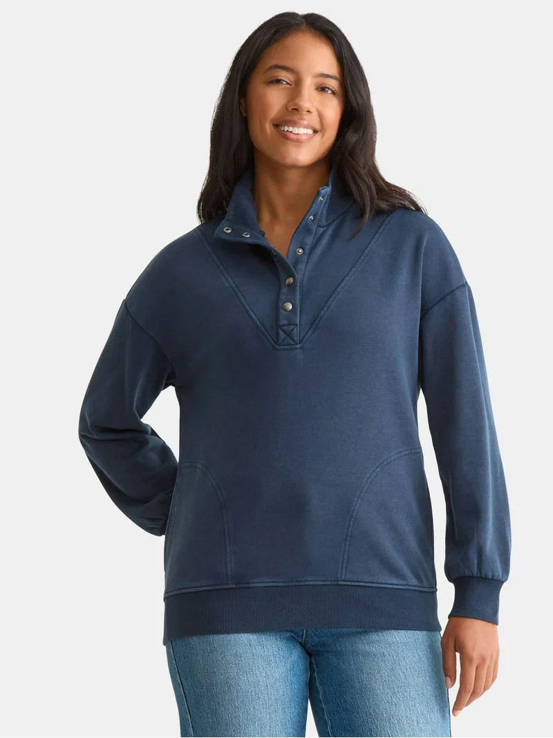 Time and Tru Women's Fashion Terry Snap Sweatshirt, Sizes XS-XXXL | Walmart (US)