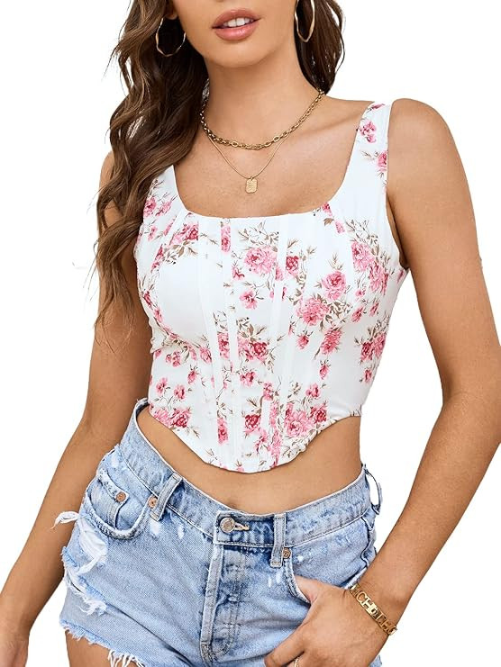 SHOWIN Corset Top Bustier Corset Crop Top Women Floral Strap Open Back Boned Corset Going Out Par... | Amazon (US)