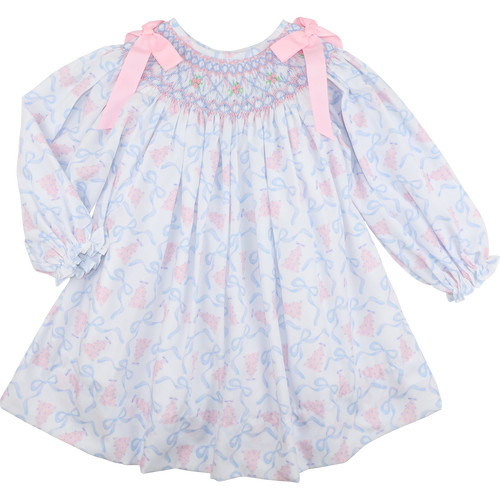 Blue And Pink Smocked Christmas Tree And Bow Dress | Cecil and Lou