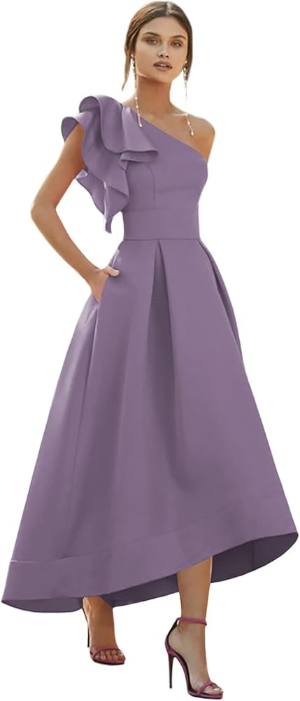 Modest Long Flowy Homecoming Dresses for Teens Fall High Low A Line One Shoulder Ruffle Satin Coc... | Amazon (US)