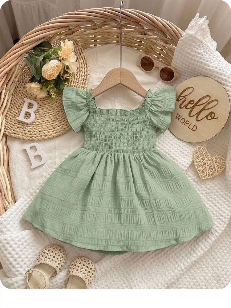 Baby Girl Butterfly Sleeve Dress, Comfortable Cute Sweet Casual Dress Suitable For Summer | SHEIN