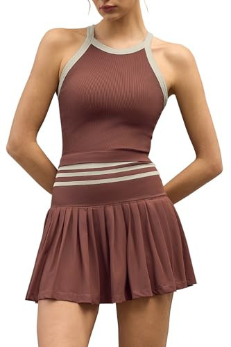 QINSEN Womens Two Piece Tennis Skirt Set Ribbed Knit Padded Tank Top High Waisted Pleated Athletic Golf Skirt with Shorts 2 Piece Outfits Brown S | Amazon (US)
