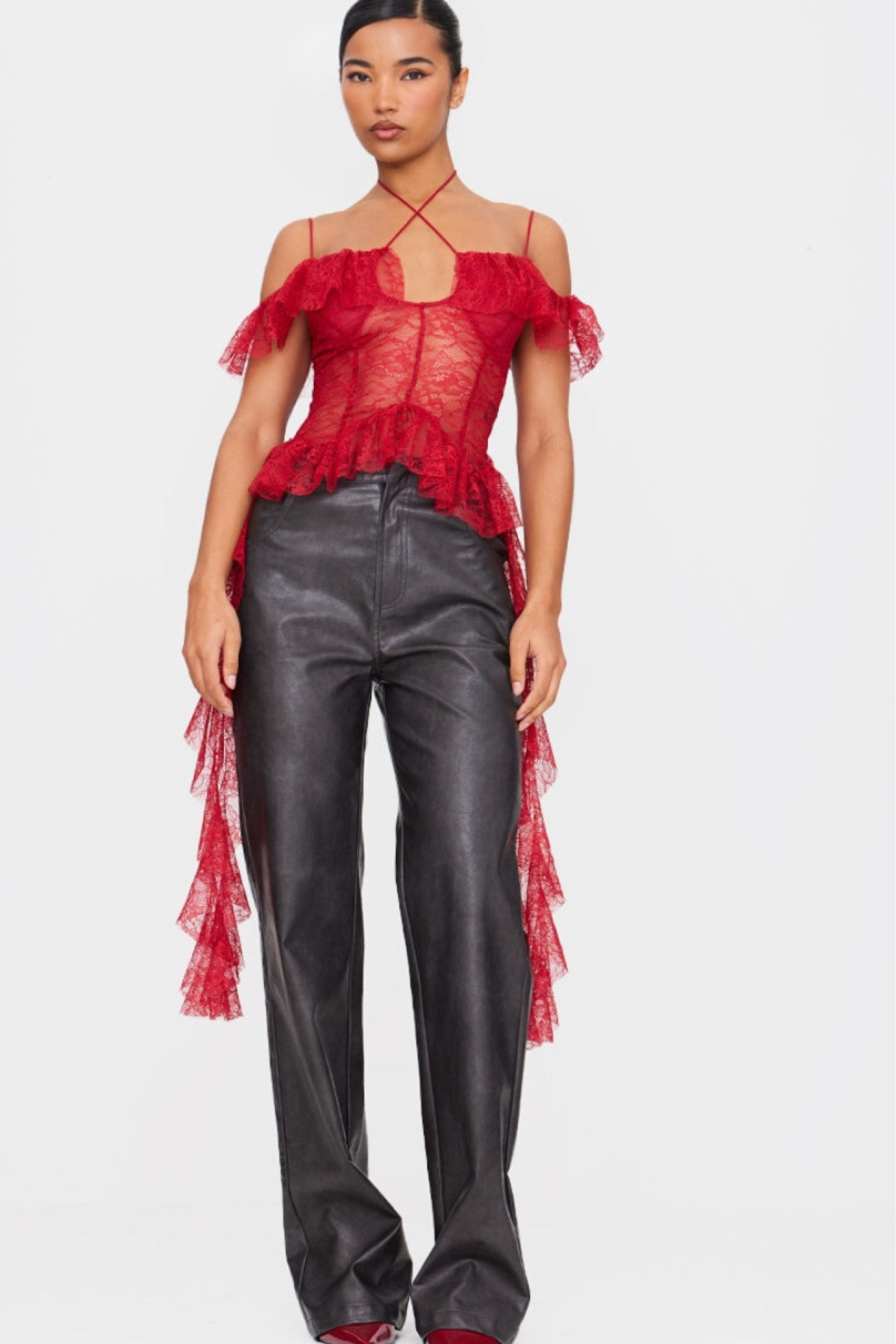 Lace top
Leather pants 
Red pumps 

#LTKStyleTip #LTKPetite #LTKMostLoved