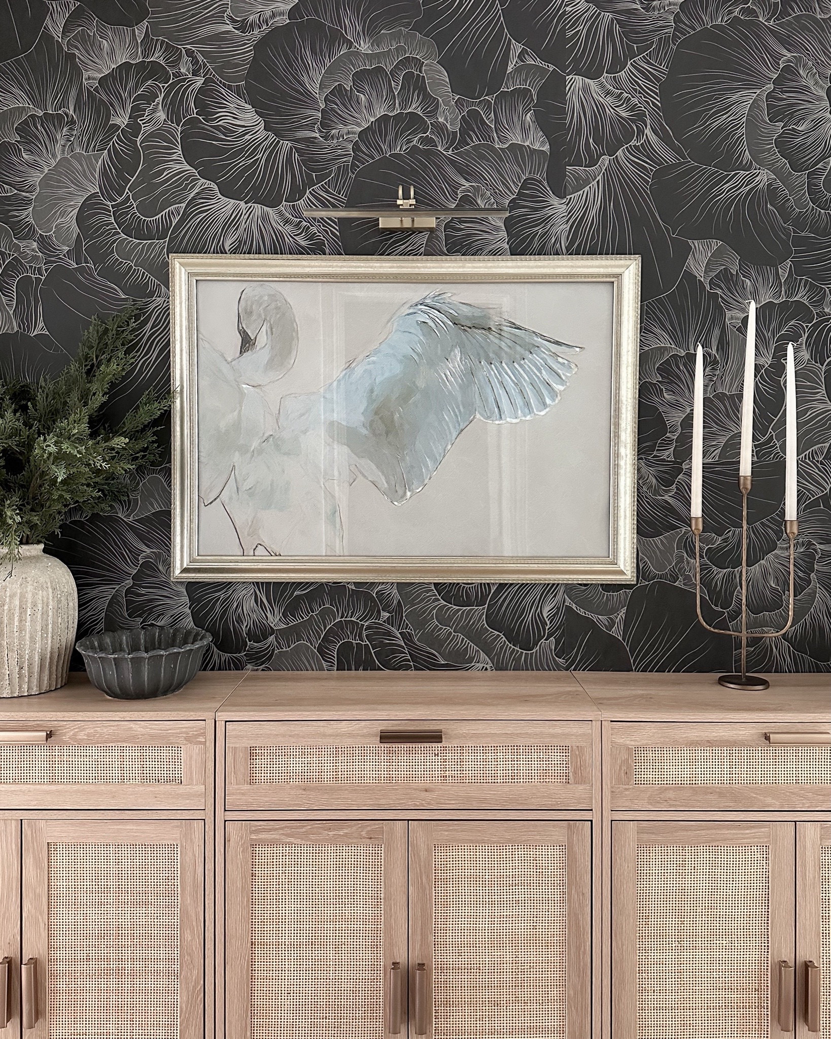 Hallway decor including this moody floral wallpaper and Amazon cabinets! My frame is vintage, and I had the artwork printed at a local print shop. My wireless picture light is in the antique brass!

#LTKfindsunder100 #LTKstyletip #LTKhome