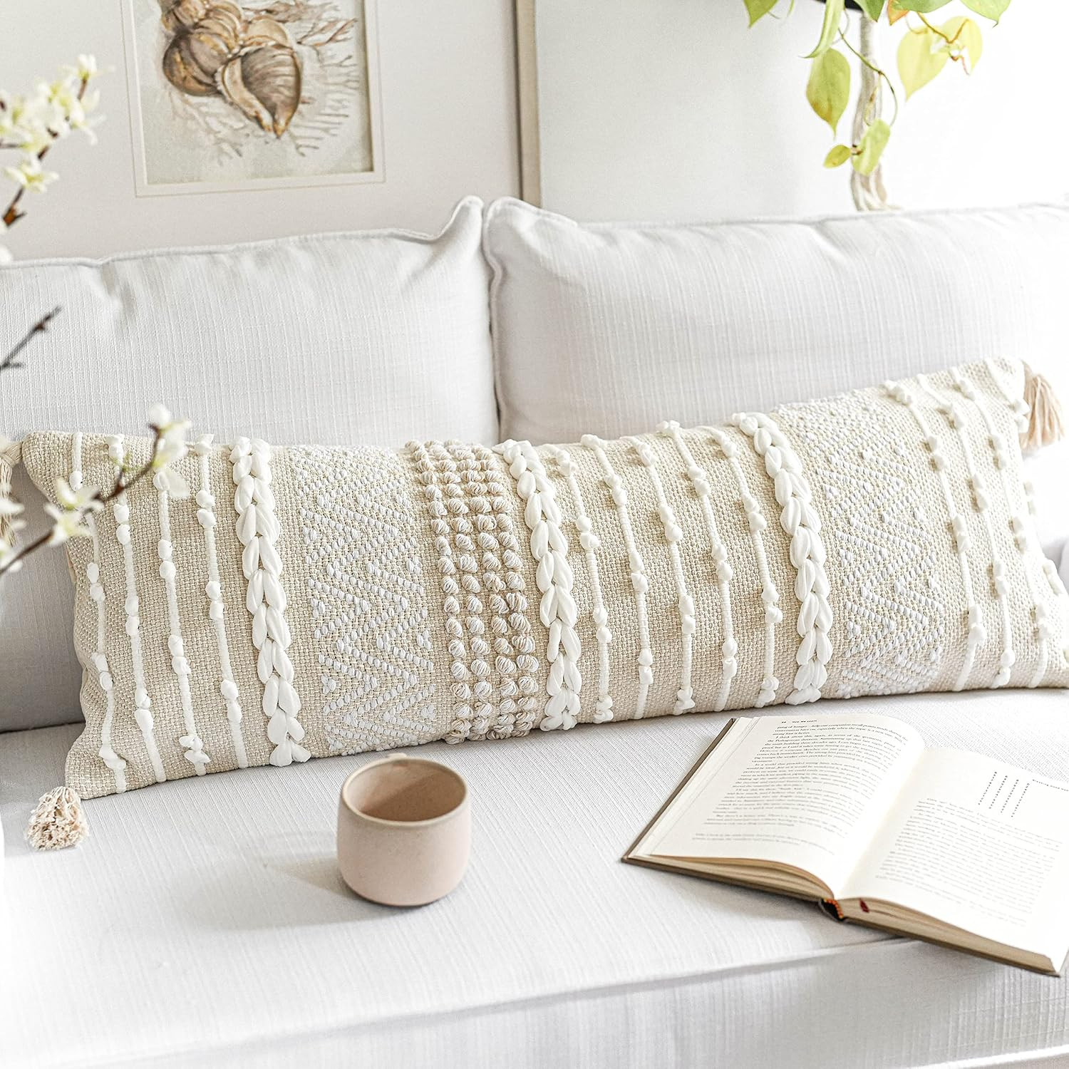 BLISSBLUSH White Cream Boho Lumbar Throw Pillow Case 14x36 inch, Neutral Body Pillow Cover, Bohem... | Amazon (US)
