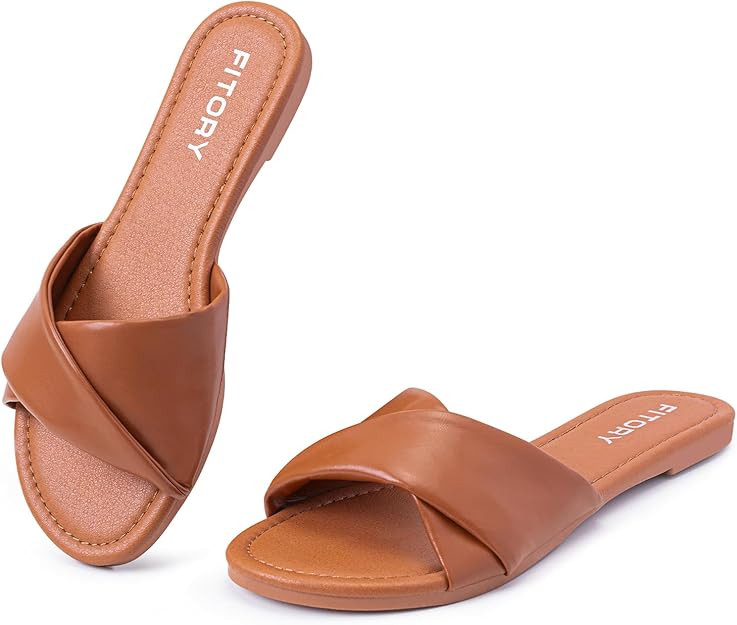 FITORY Women's Flat Sandals Fashion Slides With Soft Leather Slippers for Summer Size 6-11 | Amazon (US)