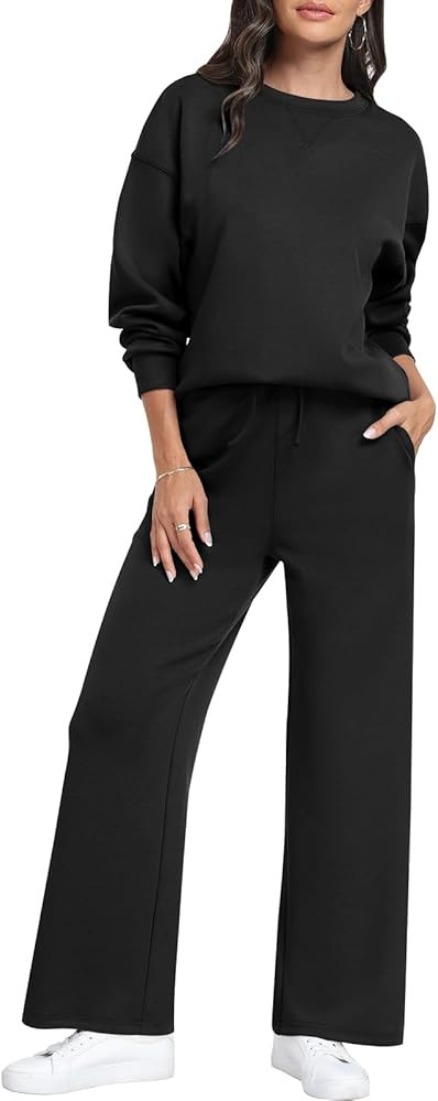 Caracilia Women's Two Piece Outfits Sweat Set Oversized Crewneck Sweatsuit Wide Leg Sweatpants Lo... | Amazon (US)