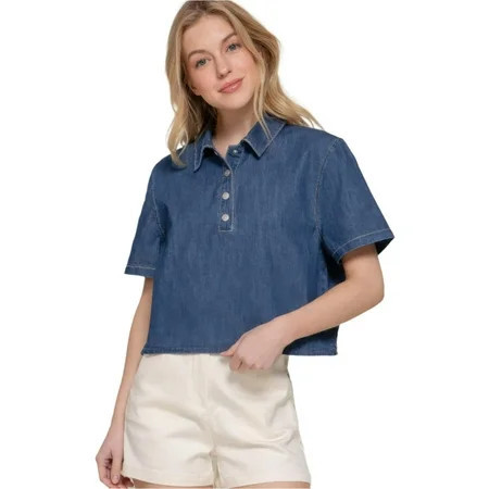 Womens Short Sleeve Boxy Dark Denim Shirt | Walmart (US)