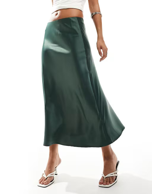 YAS satin midi skirt in deep green | ASOS (Global)