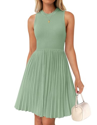 ZESICA Women's Summer Sleeveless Mini Dress 2026 Crewneck A Line Knit Pleated Swing Business Casual Work Party Short Dresses,Light Green,X-Large | Amazon (US)