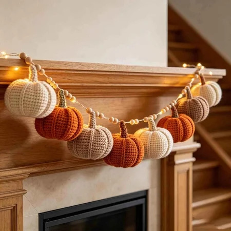 Fall Knit Pumpkin String Light Wreath, Hand Crochet Multicolor Garland With Wooden Beads, Cozy Odor-Free Cotton Yarn Fall, Thanksgiving and Halloween Decor | Walmart (US)