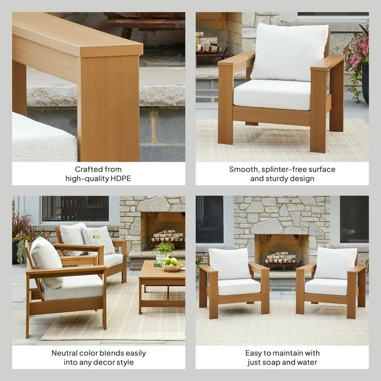 Better Homes & Gardens Ezra Outdoor HDPE Club Chair, Teak with Cream Boucle Cushions - Walmart.co... | Walmart (US)