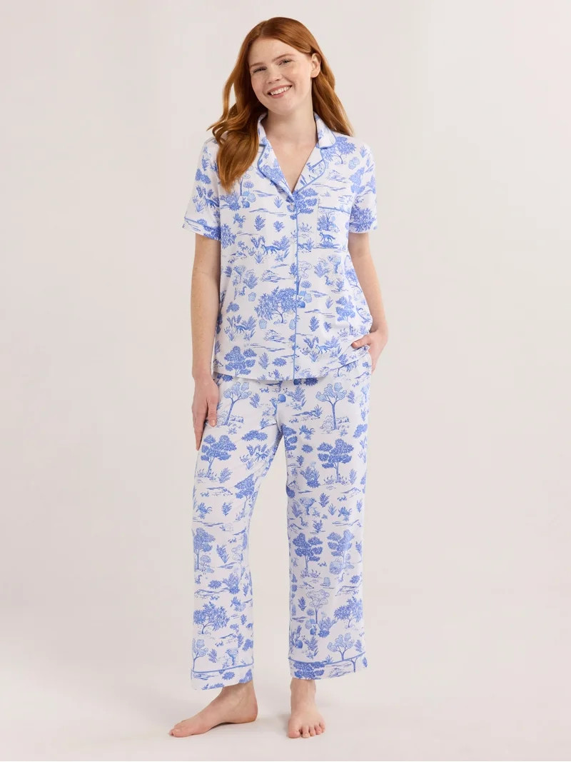 Joyspun Women's Notch Collar Short Sleeve Knit Top & Capri Pajama Set, 2-Piece, Sizes XS-3X | Walmart (US)