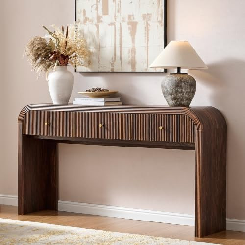 T4TREAM 63" Curved Fluted Entryway Console Table with 3 Drawers,Dark Walnut | Amazon (US)