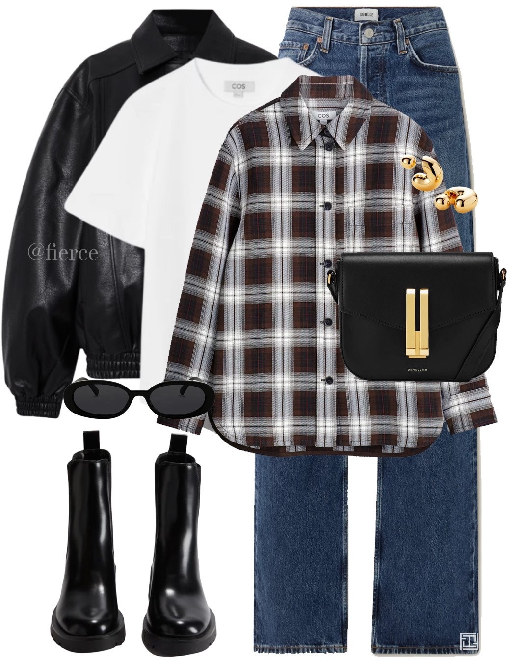 Black leather jacket checked shirt blue jeans black ankle boots black crossbody bag casual chic weekend look city break 

#LTKautumn #LTKuk #LTKwinter