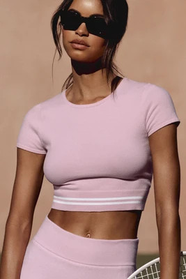 ALO | Scholar Knit My Serve Short Sleeve Top in Pink Marshmallow/White, Size: Medium | Alo Yoga