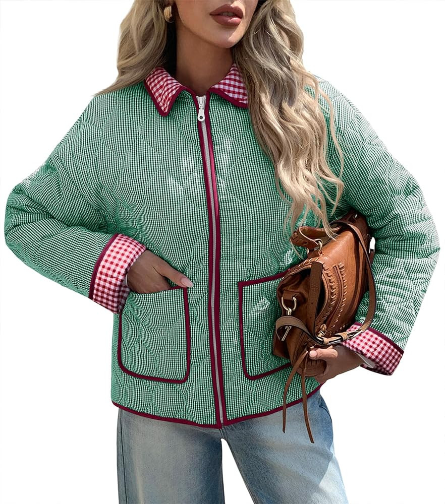 Tankaneo Womens Cropped Quilted Jackets Plaid Lightweight Full Zip Up Jacket Puffer Padded Coat w... | Amazon (US)