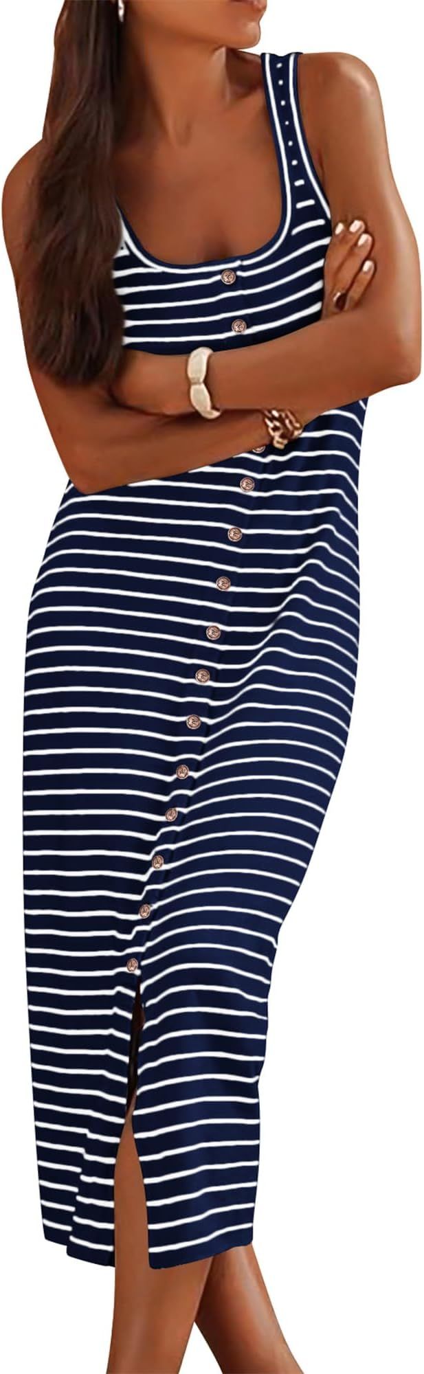 NOLLSOM Women Casual Sleeveless Striped Tank Midi Dresses Spring U Neck Bodycon Dresses T Shirt S... | Amazon (US)