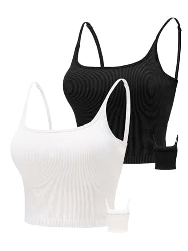 Chilylori Seamless Sports Bra Cropped Tank Top with Adjustable Straps Workout Tops Ribbed Sports Bra for Women Wireless Longline Crop Tank Padded Comfortable Brami 2 Pack Black+White M | Amazon (US)