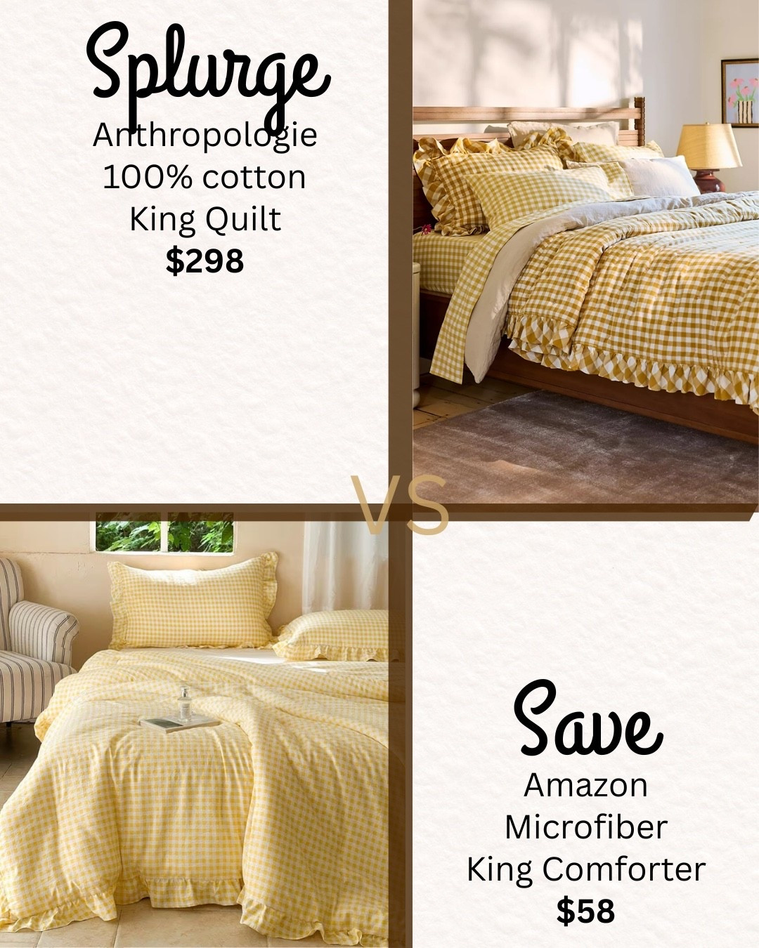 Want the sunny gingham bedroom look without the $300 price tag? 🌼

Splurge: 100% cotton king quilt ($298)
Save: King comforter ($58)

Same cottage vibe. Big price difference.

You choose — both linked.

#homefinds #bedroominspo #ginghamstyle

#LTKSaleAlert #LTKHome #LTKU