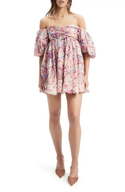 Bardot Kali Tuck Floral Off The Shoulder Minidress in Azure Floral at Nordstrom, Size 2 | Nordstrom