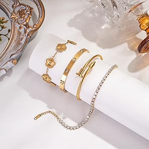 18K Gold Plated Bangle Bracelet Set for Women Stackable Lucky Floral Adjustable Tennis Bracelet N... | Amazon (US)